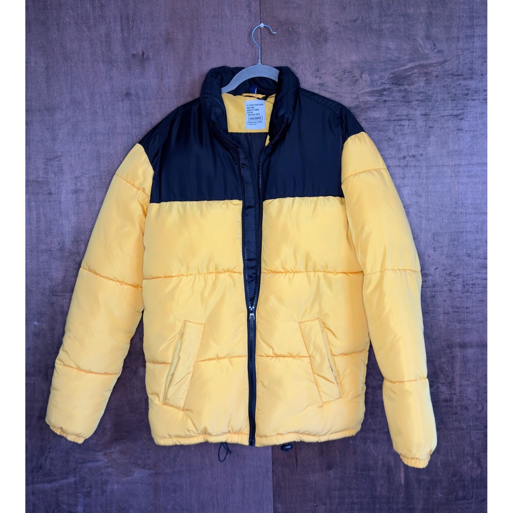 HM Divided Puffer Jacket Mens Medium Yellow Black Colorblock Quilted Full Zip